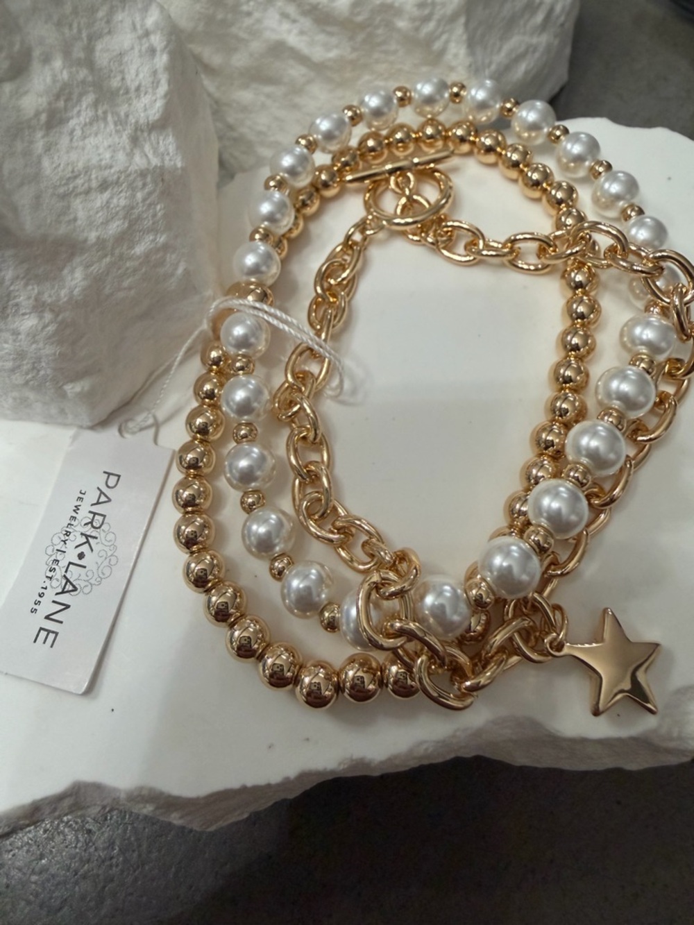 Park Lane Womens Stacked Hadley Bracelet Gold Pearl Layered Star Charm NWT